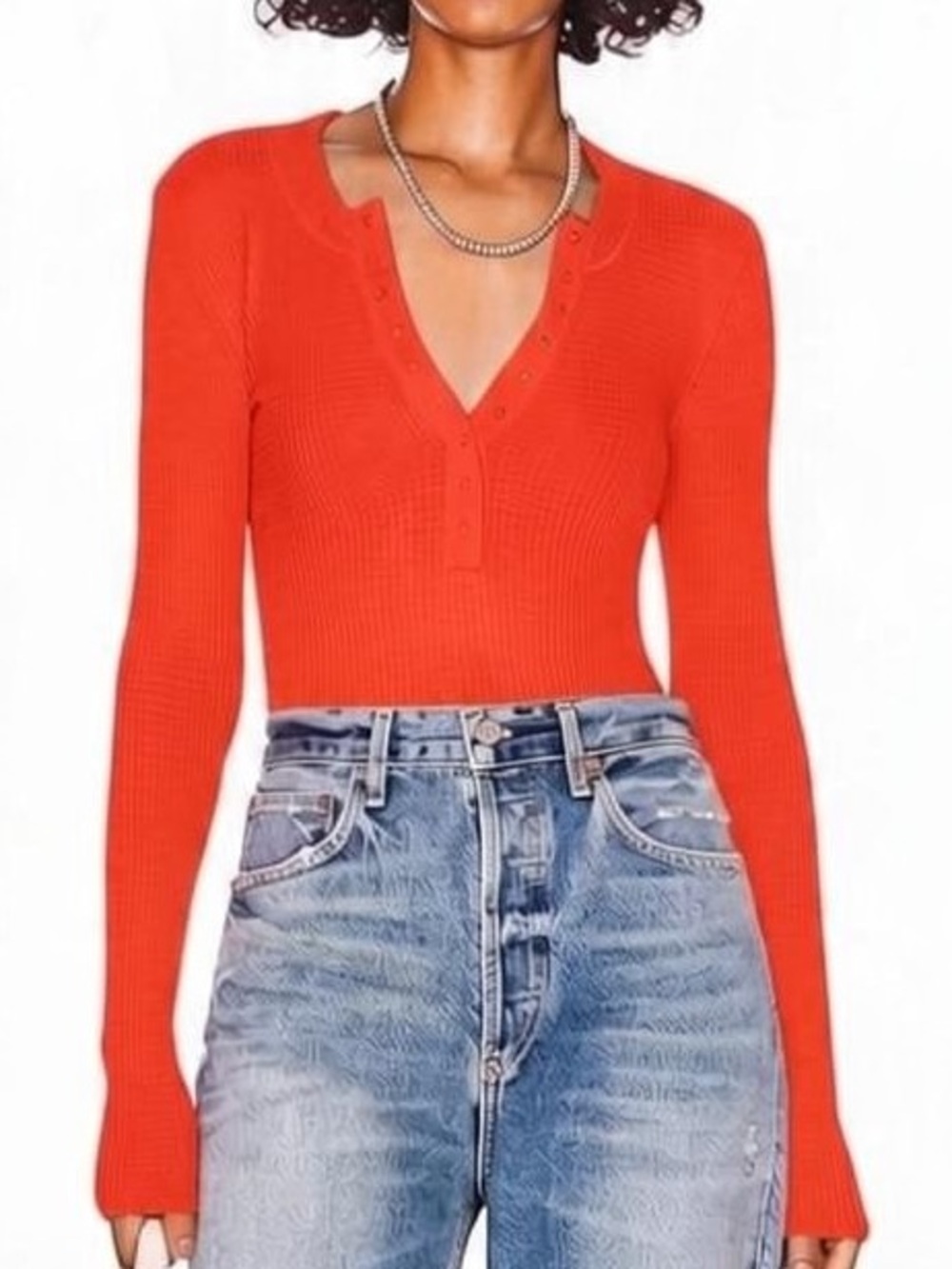 Free people XS Shirt Orange Waffle Snap One of the Girls Henley Long-Sleeve Top